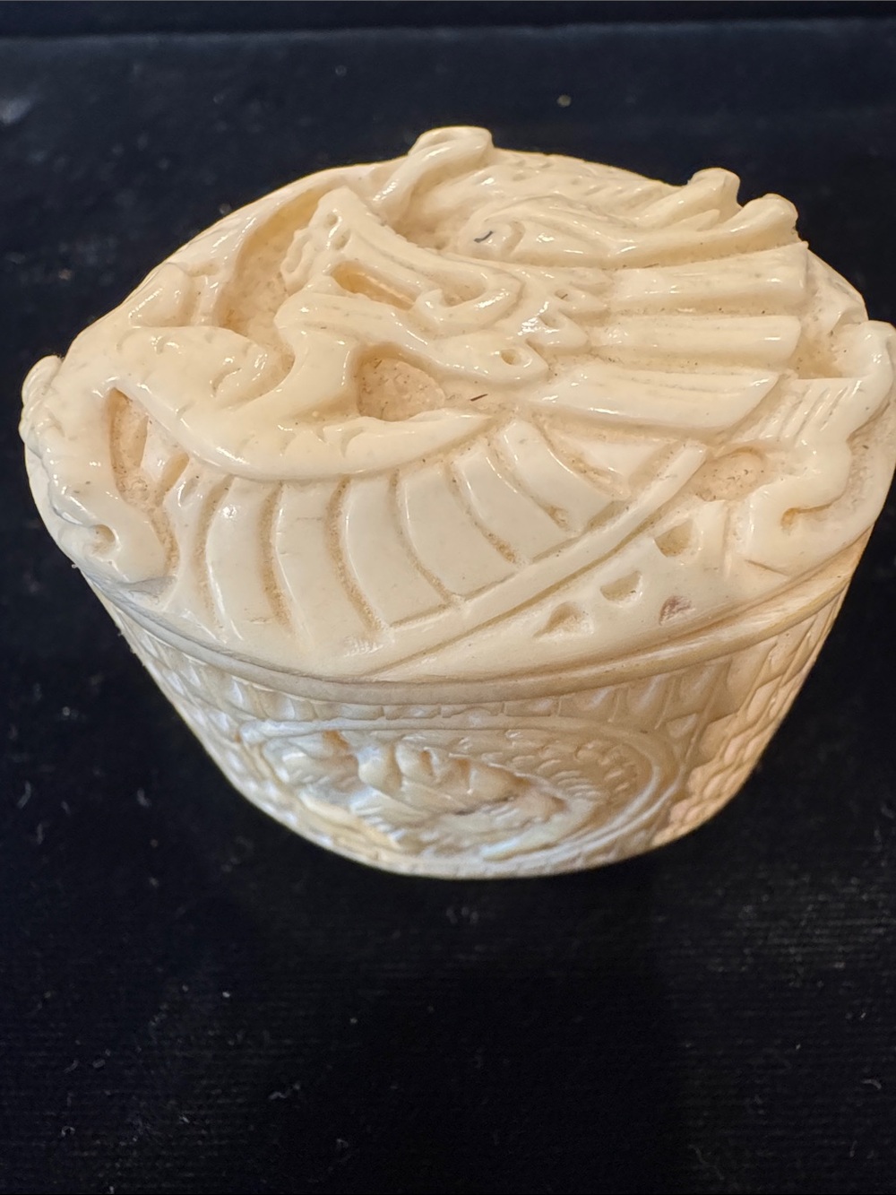 Carved Faux Ivory (Bone?) Trinket, Pill or Ring Box